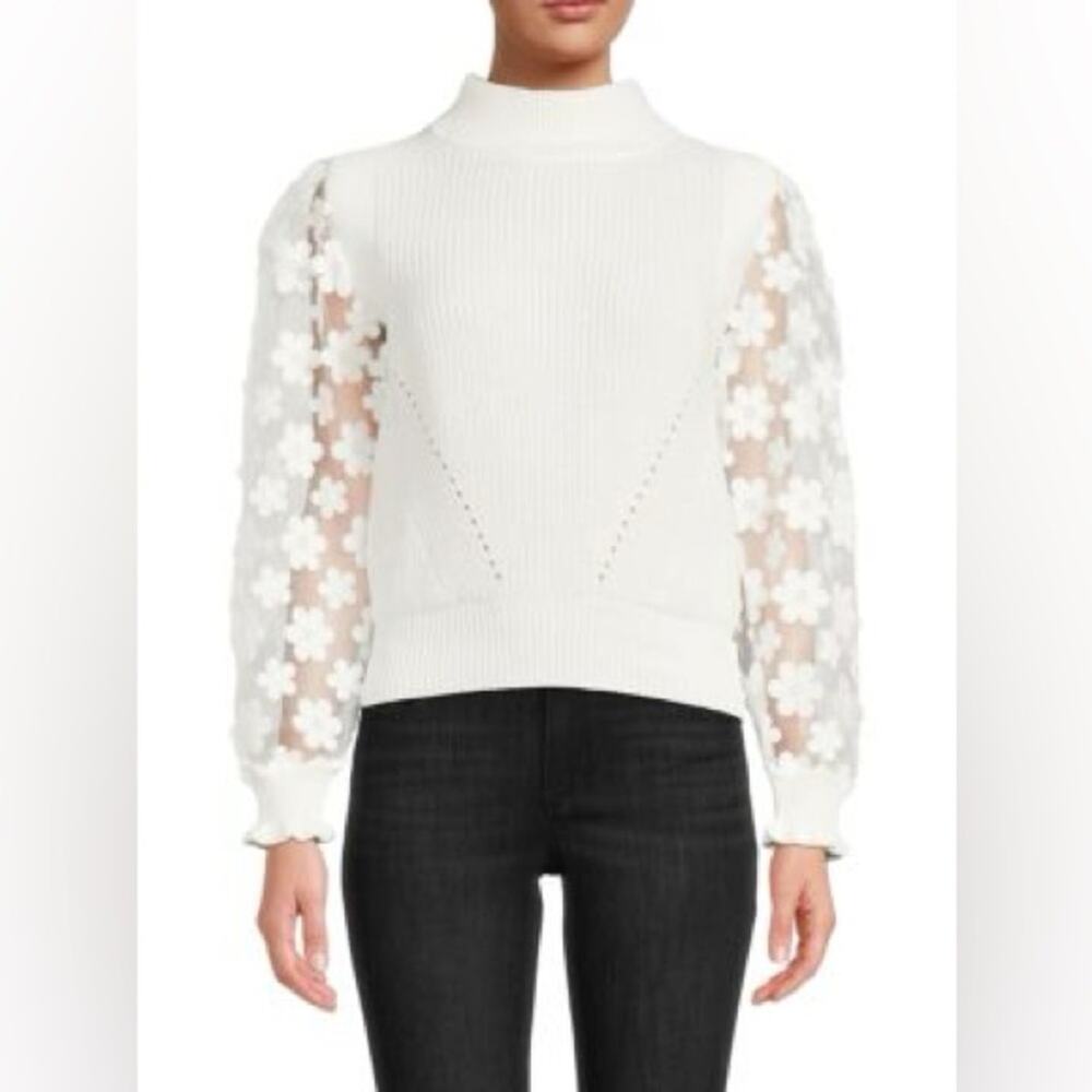 FRENCH CONNECTION Juri Mozart Floral Appliqué Mesh Sleeve Mock Neck Sweater S